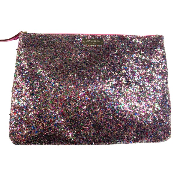 Kate Spade Glitter Clutch Pink Sparkle Cosmetic Pouch Top Zip Evening Party - Picture 1 of 7